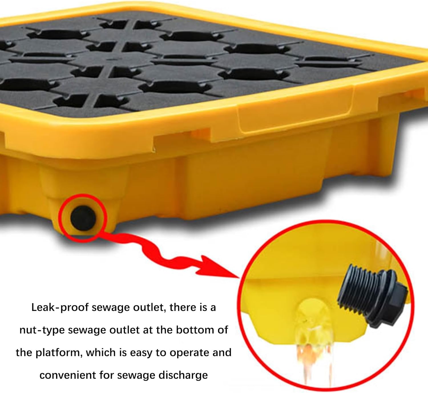 Stackable Oil Spill Containment Tray, Yellow & Black Polyethylene Spill Pallet, Leakproof & Anti-Skid Platform for Drums & Buckets, Size: 67x