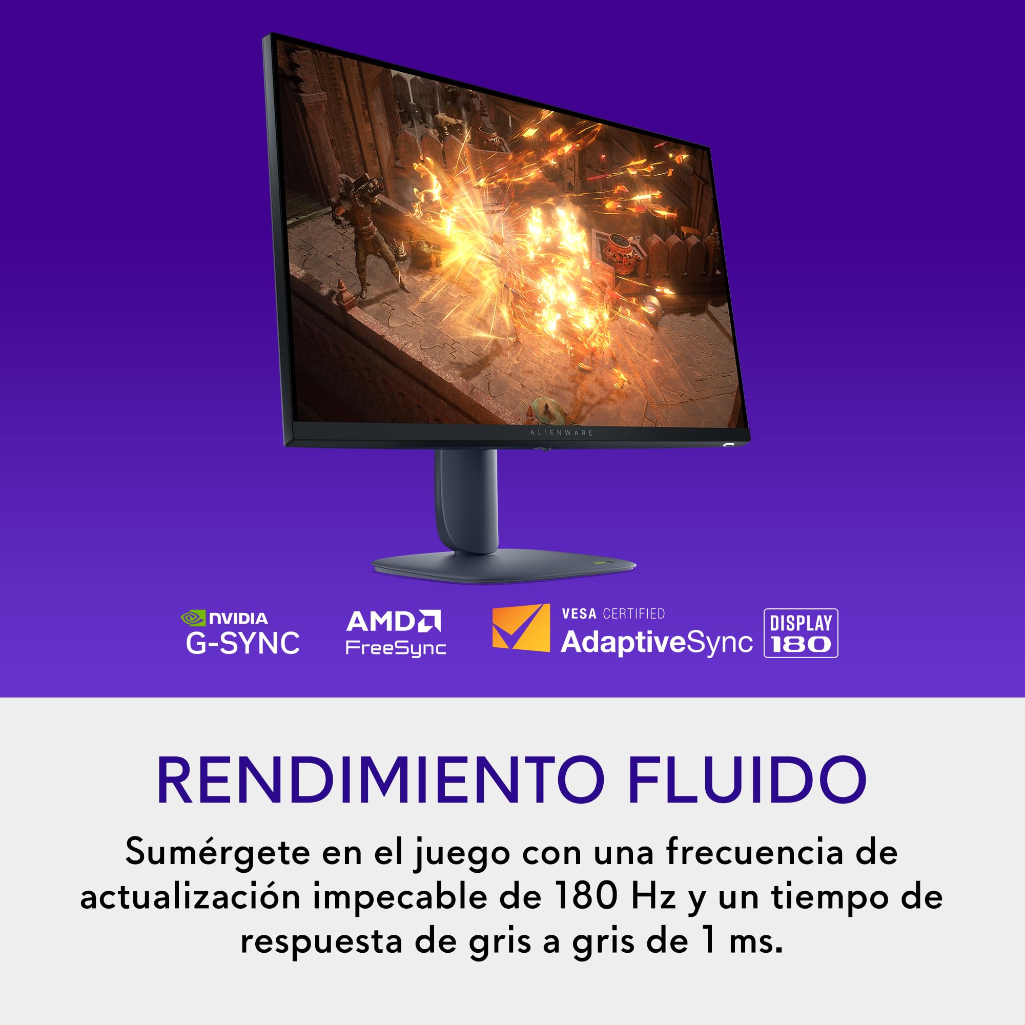 Alienware 27 Monitor Gaming - AW2725DM, QHD (2560x1440), 180Hz, Fast IPS, 1ms, NVIDIA G-Sync Compatible, AMD FreeSync, 95% DCI-P3, HDR400, DisplayPort, 2 HDMI, 3 USB, 3 Años de Garantía