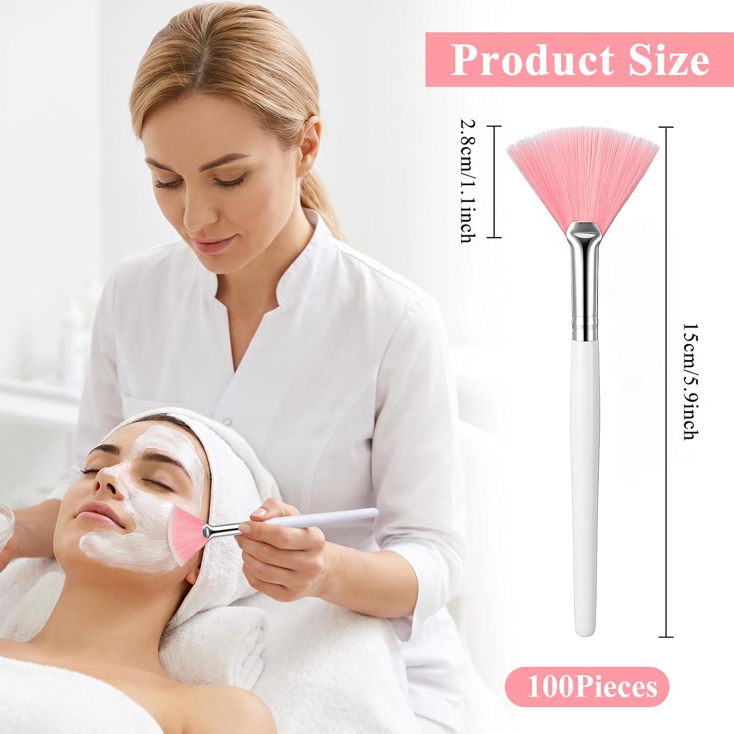 100 Pcs Fan Facial Brushes Bulk, Soft Facial Applicator Brushes for Mud Mask, Cream, Blush, Powder, Nylon Fiber Bristles with Plastic Handle, 5.91 Inches Long, Pink Handle White Bristle