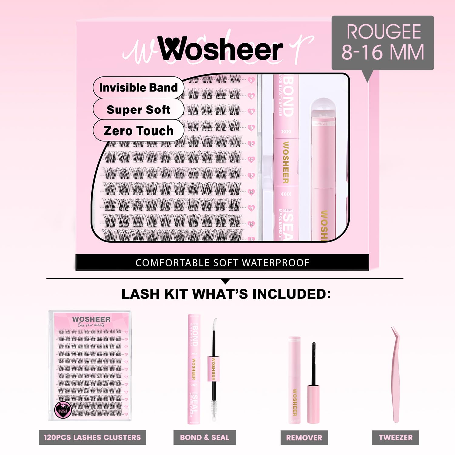 Wimpern Extensions Set, Lash Cluster Set, Wispy Natürliche Wimpern Cluster, D Curvature Diy Künstliche Wimpern with Bond and Seal & Remover (8-16mm, Rougee Set)