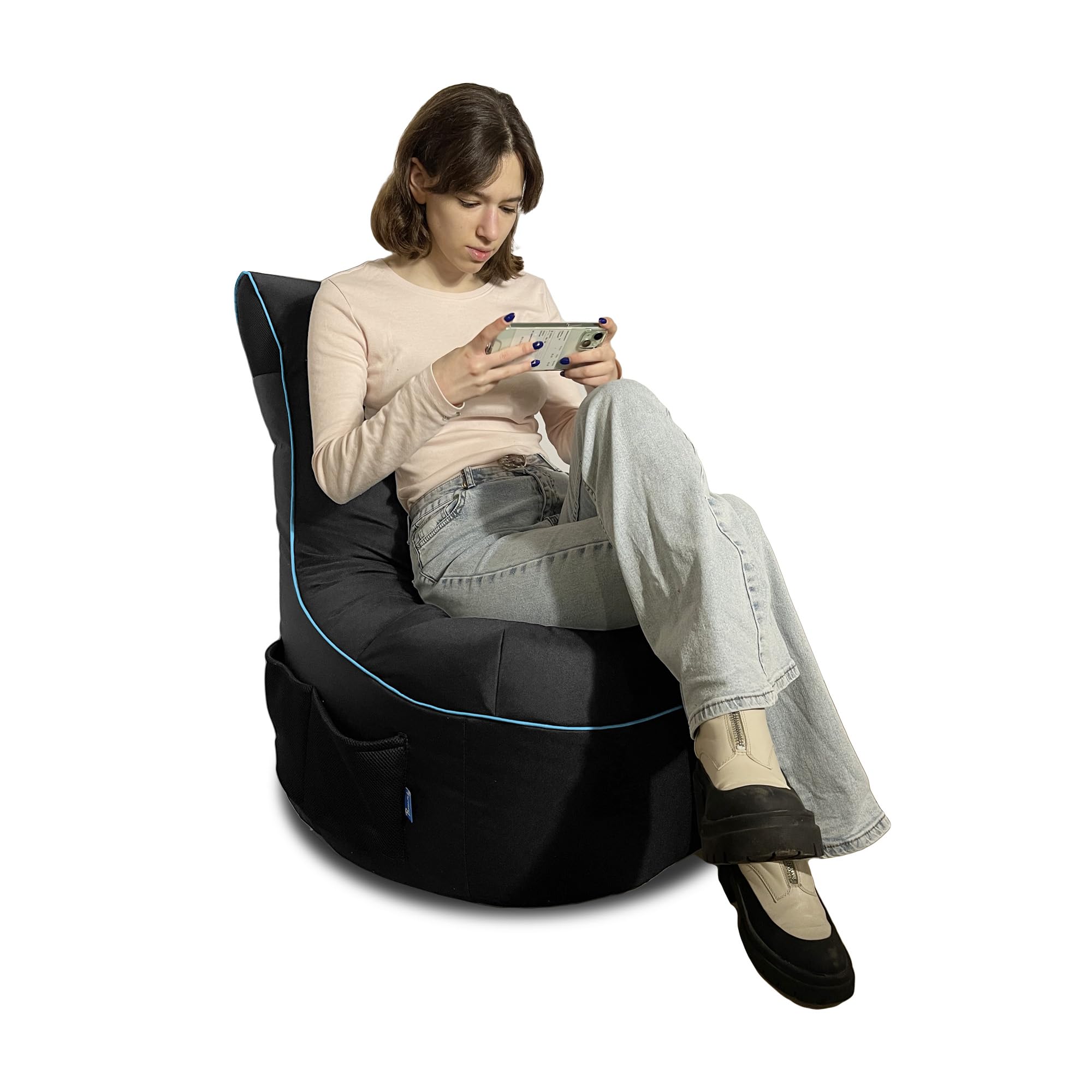 Bruni Cockpit – schwarzer Gaming-Sitzsack zum Zocken mit Lehne und Fach, Indoor und Outdoor geeignet, in Deutschland gefertigt (Schwarz/Blau)