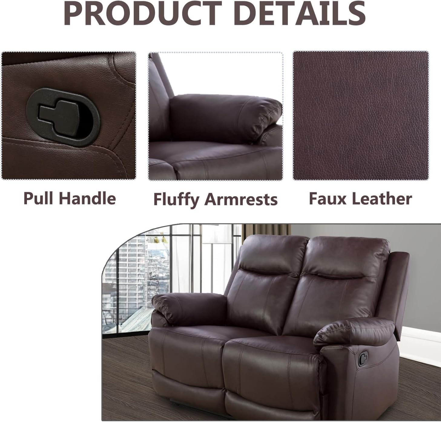3 piece Reclining Living Room Set, Brown Leather Couch with 5 Recliners, Leather Reclining Living Room Furniture Set, Manual Recliner Sofa Set for Living Room