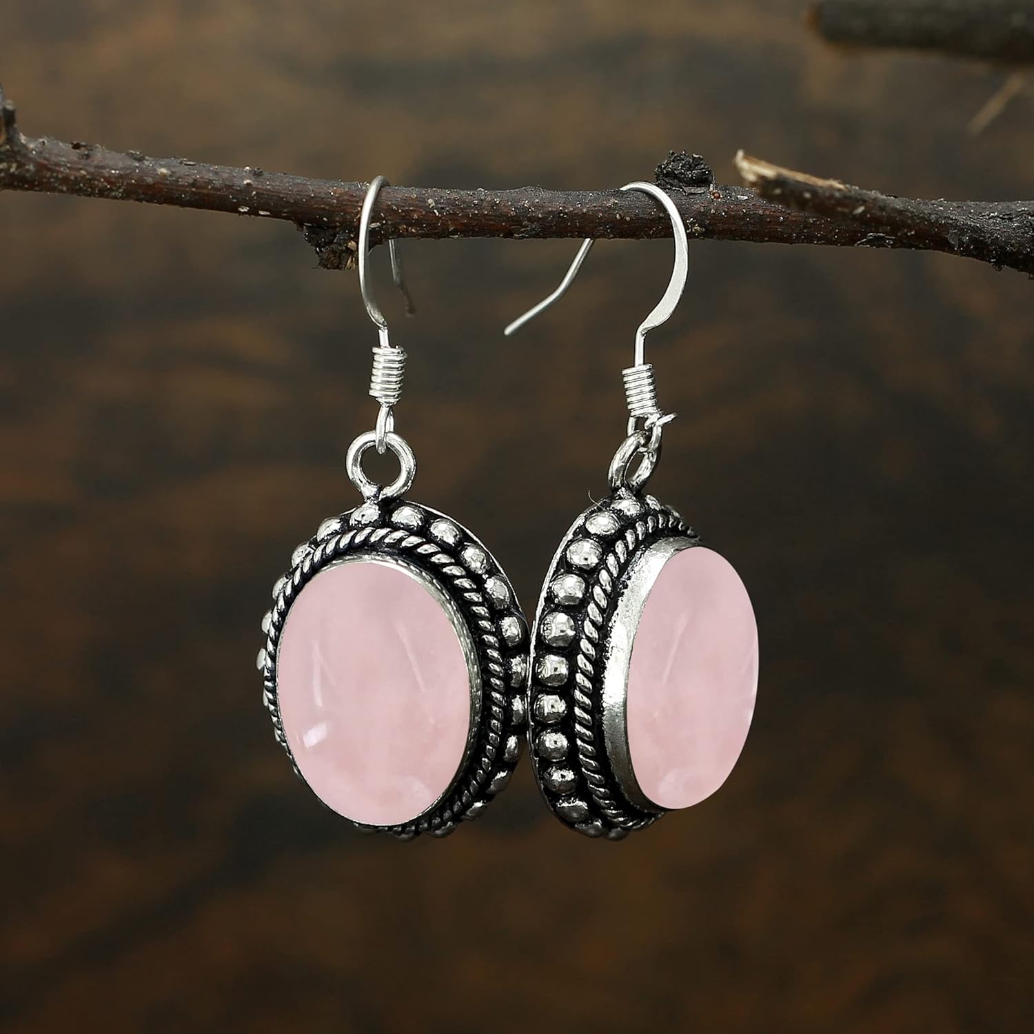 Miniatura 3 de Pendientes colgantes de cuarzo rosa de labradorita de piedra lunar natural de 0472 x 0630in con forma ovalada de plata 925 hechos a mano Gema Gema