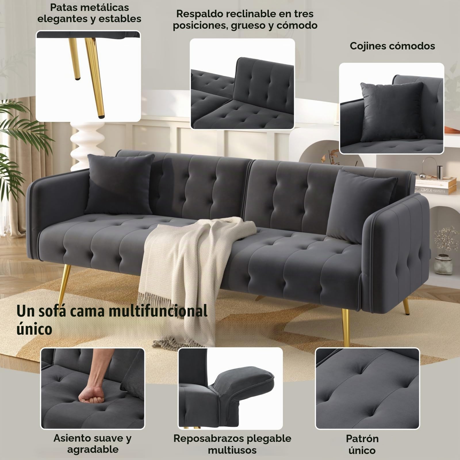 YEHTOKHOME - Sofá cama de 2 plazas convertible, carpetas independientes, reposabrazos ajustables, tejido aterciopelado, sofá cama con función de dormitorio, para sala de estar, oficina, dormitorio