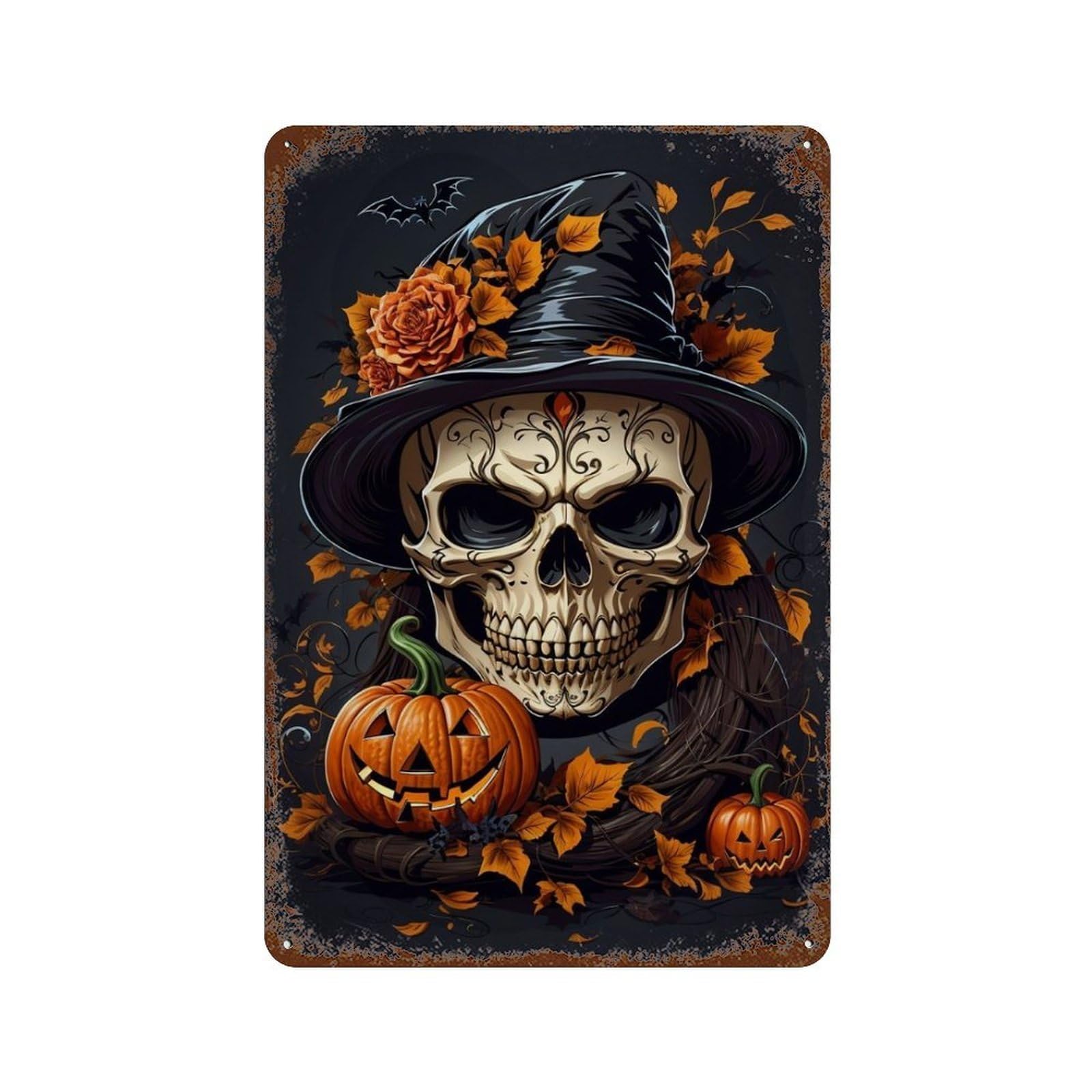 Halloween Skull with Pumpkin Vintage Wall Sign 11.8"x7.9", Rust Effect Metal Decor for Bistro, Counter And Cafe Decor