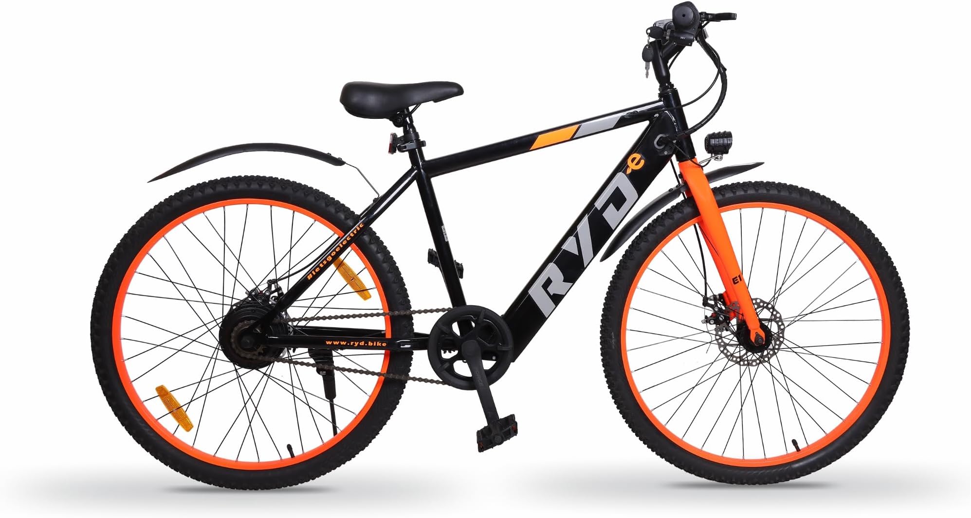 RYD E1-Series Mountain Electric Cycle with 36V, 250W BLDC Motor, Steel Frame, 5.8Ah Battery, Front Disc Brake, Rigid Fork (Orange/Black with Mudguard, 27.5 Inches, 5.8, Amp Hours)