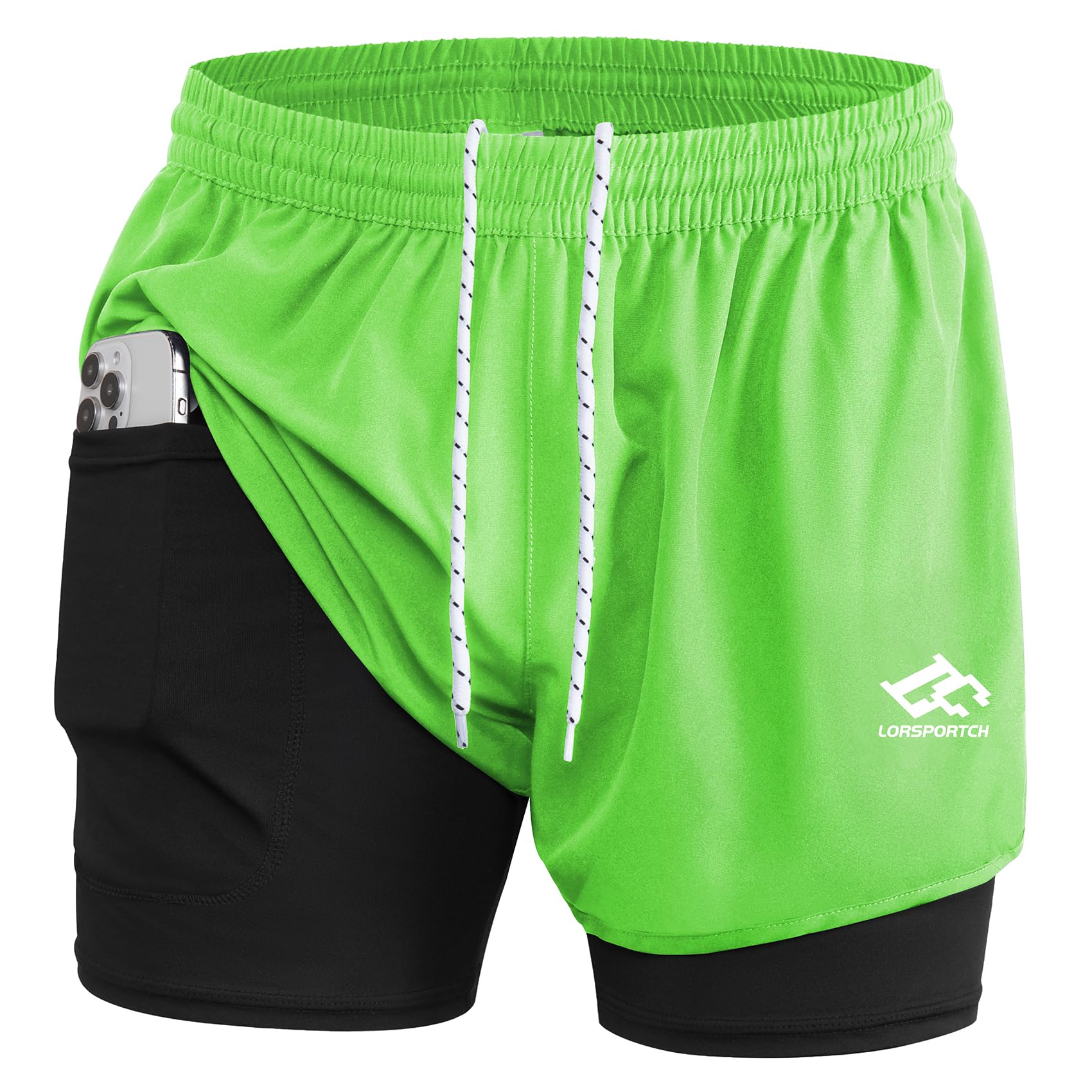 LORSPORTCH Herren Laufshorts 2 in 1 Shorts Gym Athletic Shorts Outdoor Marathon Workout Trainingsshorts Mit Eingebaut Taschen Fluoreszierendes Grün M