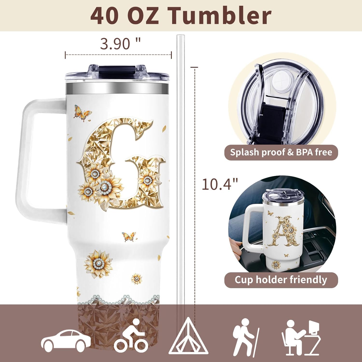 Monogrammed 40oz Tumbler with Handle for Women, Personalized Birthday Gifts,Initial Cups for Women Sunflower Letter G,Customized Gifts for Female Lady Gift for Mothers Day Christmas