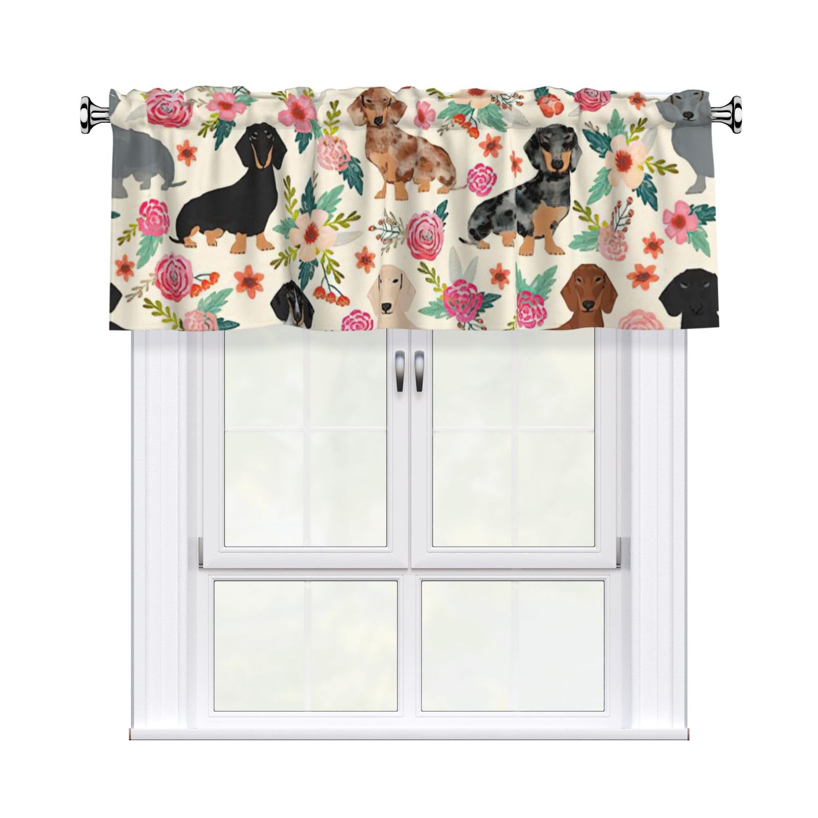 aacxzff Dachshund Floral Print Curtain Valance 54"x18" (WxL) for Kitchens Bathrooms Bedrooms Balconies Living Rooms