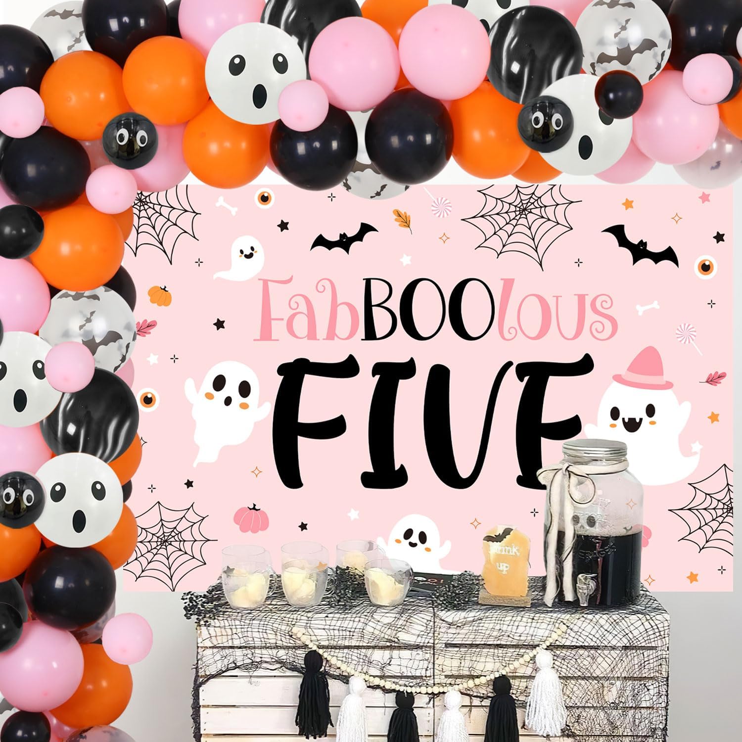 78Pcs Halloween Fabulous Five Party Decorations Pink Orange Halloween 5th Birthday Party Decor Bat Spider Web Backdrop Ghost Balloon Garland Arch for Halloween Scary Theme 5th Birthday Party Supplies