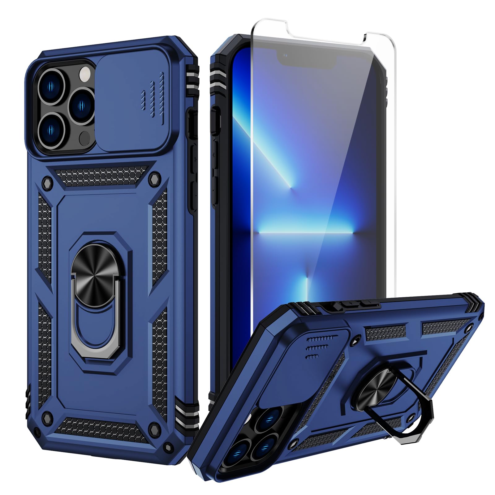 Weycolor for iPhone 13 Pro Max Case Slide Camera Cover HD Screen Protector Heavy Duty Military Grade Shockproof Magnetic Ring Holder Kickstand Phone Case for iPhone 13 Pro Max,Navy Blue