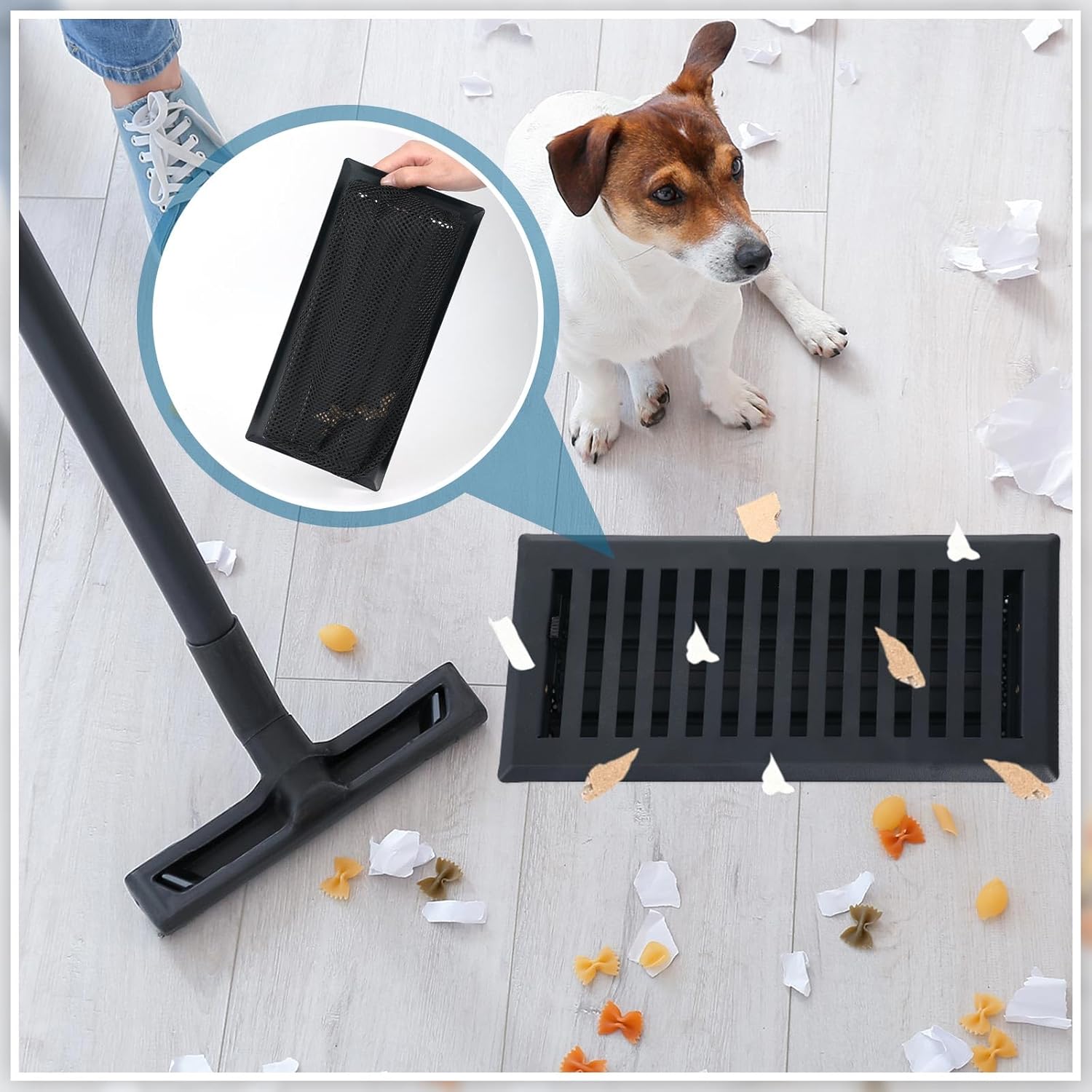 Baquler 12 Pcs 4" x 10" Floor Register with Cover Trap, 6 Heavy Duty Metal Walkable Vent Covers & 6 Vent Filters for Home Floor Replacement, Keeps Hair Food Debris Out, Pet Proof