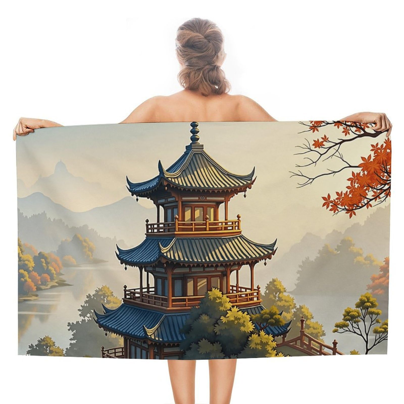 Anceky Asian Pagoda Landscape Beach Towel Microfiber Soft Absorbent Oversized Large Bath Towel Blanket Thin Quick Dry for Adults Swimming Pool Yoga Gym Travel 51"X31"