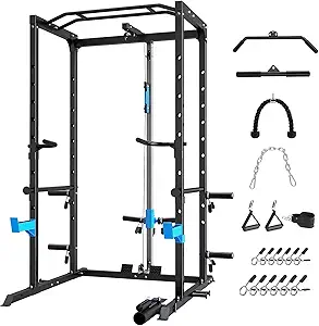 Power Cage, Multi-Functional Power Rack with J-Hooks, Dip Handles, Landmine Attachment and Optional Cable Pulley System for Home Gym