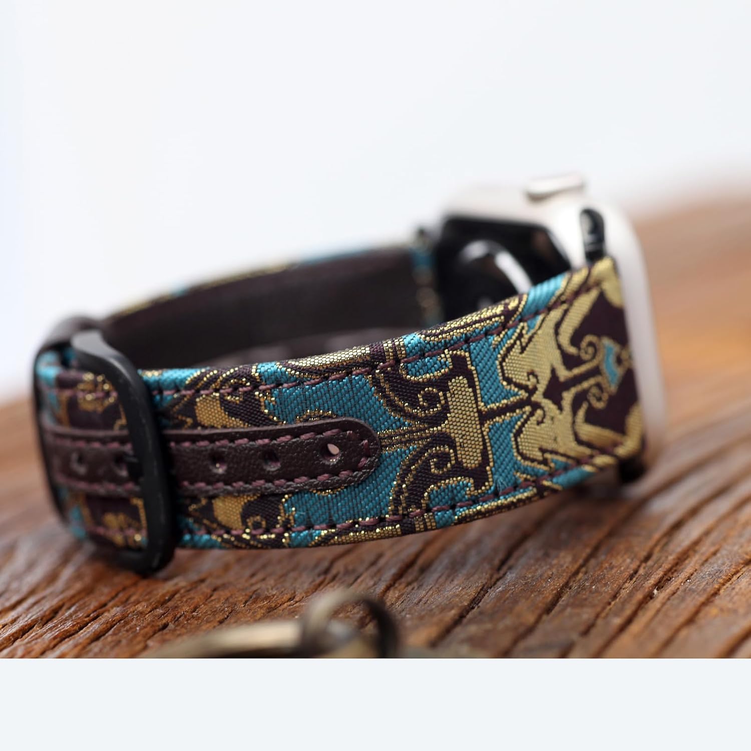 Handmade Leather & Gold-Woven Fabric Smart Watch Band – Dark Coffee Taotie Pattern Limited Edition, Compatible with Apple Watch and Most 38–49mm Smart Watches