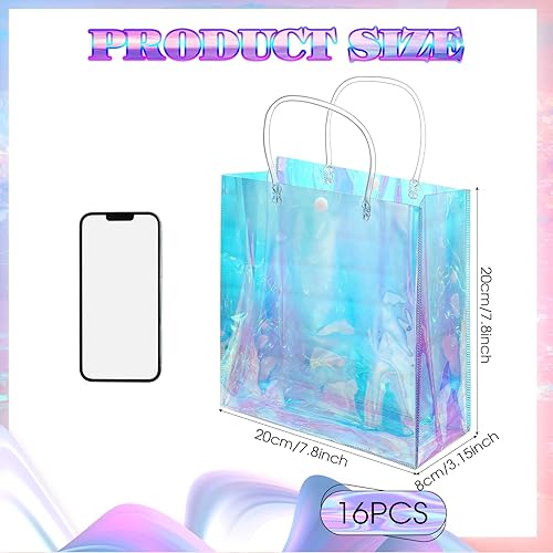 Miniatura 8 de Sherr 16 bolsas de regalo pequeñas holográficas reutilizables iridiscentes transparentes para mujeres, soporte de plástico de PVC con asas para