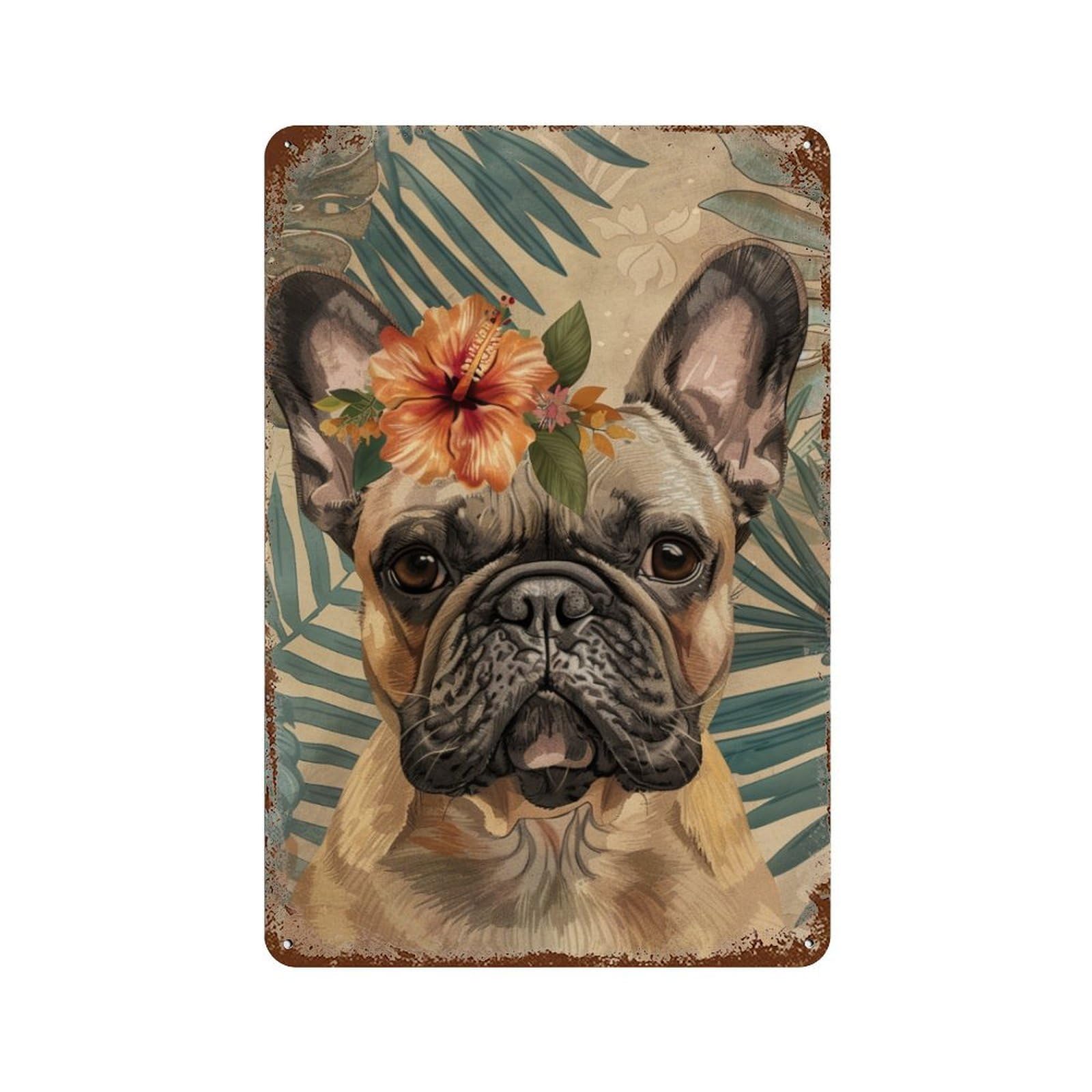 Tropical Bulldog with Hibiscus Flower Aged Metal Wall Plaque 11.8"x7.9", Farmhouse Wall Decor for Office, Studio And Wall Decor
