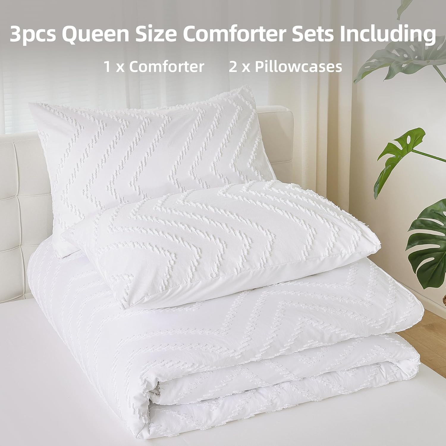 YIRDDEO White Comforter Queen Size 3Pcs, Boho Chevron Queen White Farmhouse Bedding Sets, Vertical Tufted Lightweight Neutral Boho Bed Set (1 Comforter, 2 Pillowcases) - Image 6