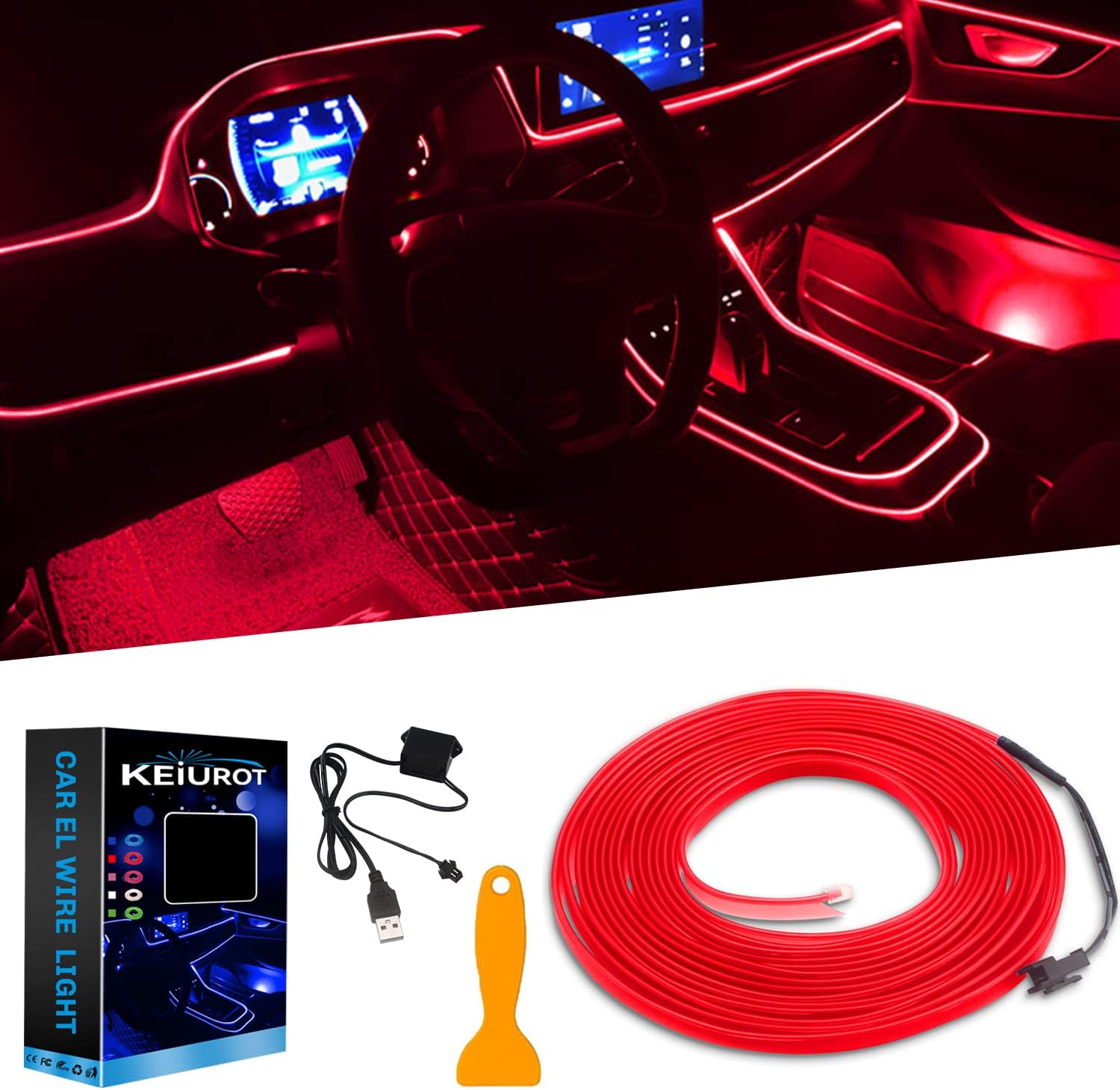 El Wire Red Neon Lights 16FT/5M Car Interior Led Strip Light USB 5V for Car Garden Party Decoration
