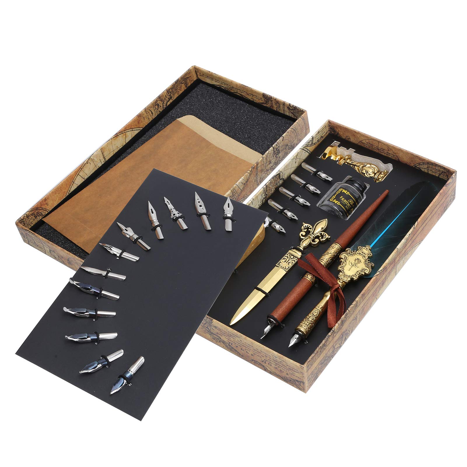 Set de Plumes Vintage pour Calligraphie et Dessin, Porte - Plume en Métal Rose, Plume à Tremper en Bois, Sceau à Cire et Pointes Artistiques, Idéal pour Artistes, Enseignants, (SP248011R bleu lac)