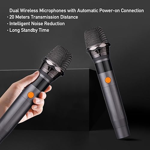Miniatura 4 de Máquina de karaoke con 2 micrófonos inalámbricos para adultos, altavoz de karaoke portátil con 2 subwoofers de 6.5 pulgadas y luces pulsadas, diseño
