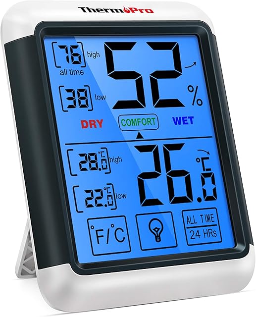 ThermoPro TP55 Digital Room Thermometer Temperature and Humidity Monitor with All Time or 24hrs Max and Min Records for Temperature and Humidity Baby Room Thermometer with Large Backlight Touchscreen