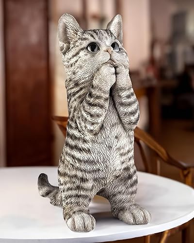 Miniatura 3 de Estatua de gato al aire libre, decoración de jardín, bonita figura de gato gris, decoración interior de oficina, hogar, escultura de resina animal