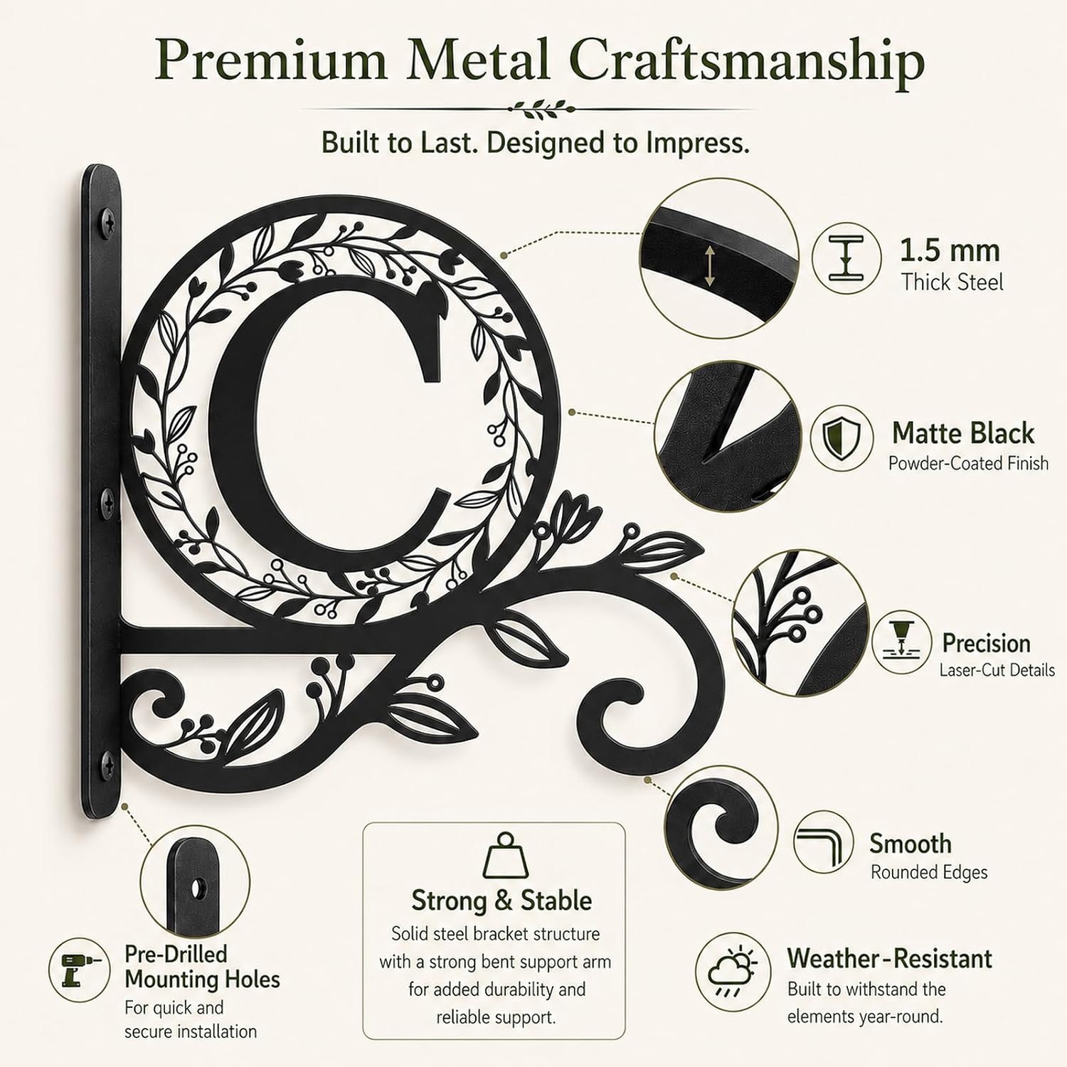 Personalized Metal Initial Letter C Plant Hanger Bracket, Decorative Wall Mount Hanging Plant Hook, Monogram Floral Leaf Garden Decor for Hanging Baskets, Bird Feeders, Lanterns, Wind Chimes image 4