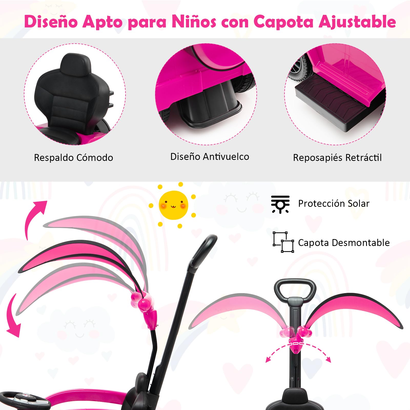 COSTWAY 3 en 1 Coche Correpasillos para Niños, Coche de Paseo Infantil Mercedes Benz con Toldo Ajustable, Manija para Padres, Barandilla para Apoyabrazos, Sonido del Motor y Bocina (Rosa)