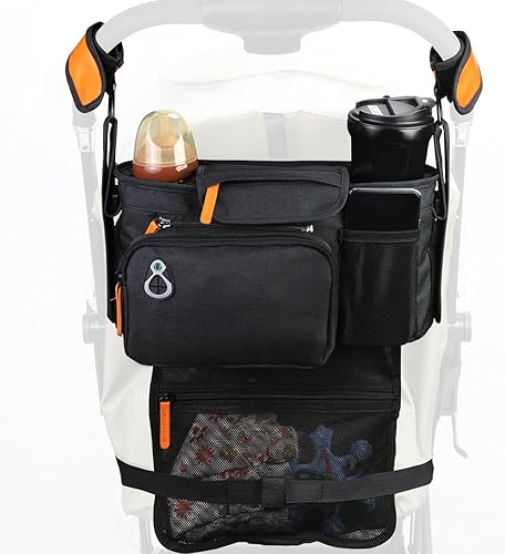 Organizador universal para cochecito con portavasos aislado y soporte para teléfono, bolsillo grande, se adapta a la mayoría de cochecitos como Baby