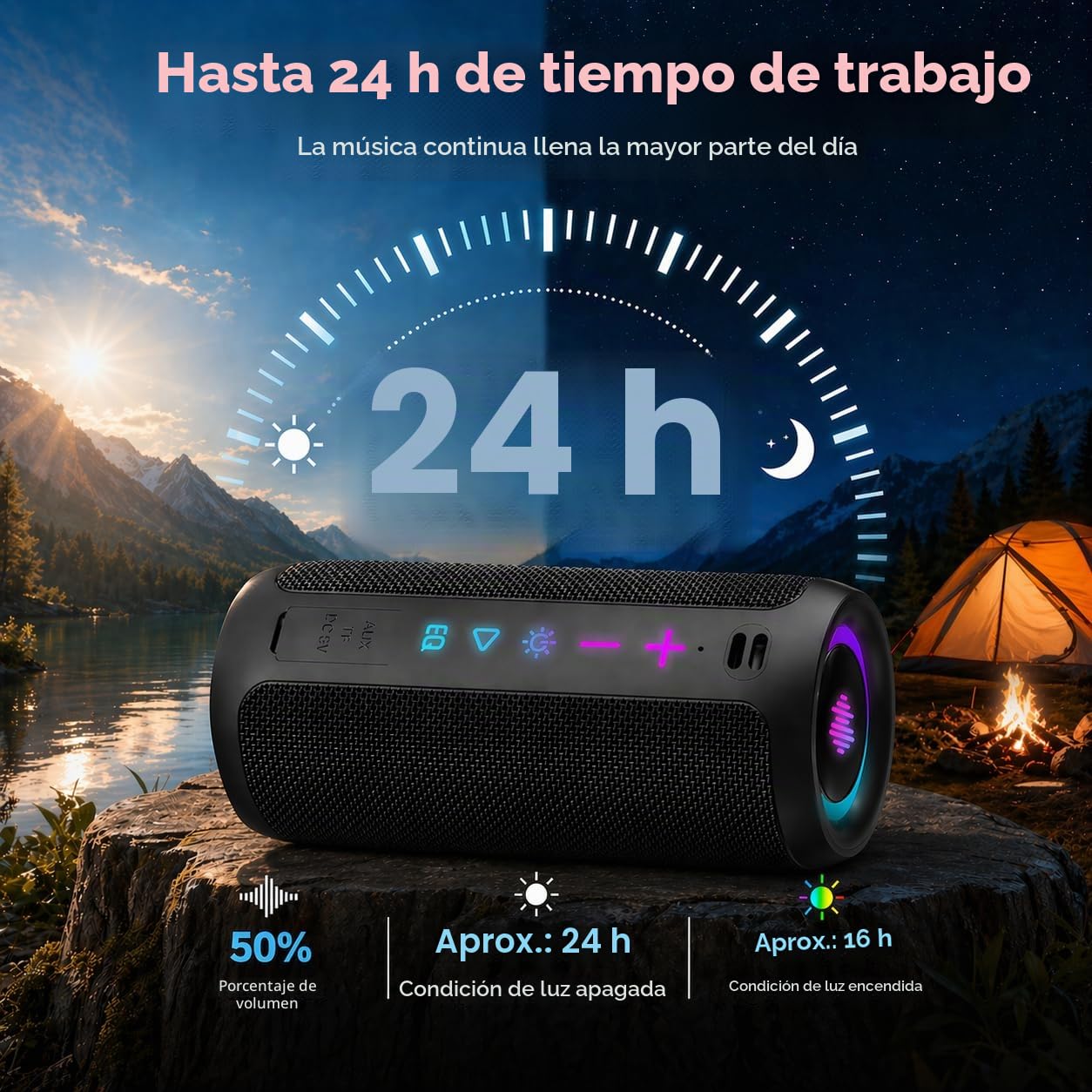 TIMU Altavoz Bluetooth 5.4 Potente, 25W Altavoces Bluetooth con 2 Modos EQ, Correa de Transporte, Compatible con PC, 8 Modos RGB, 24H de Reproducción, Emparejamiento TWS, IPX7, Micro SD y AUX