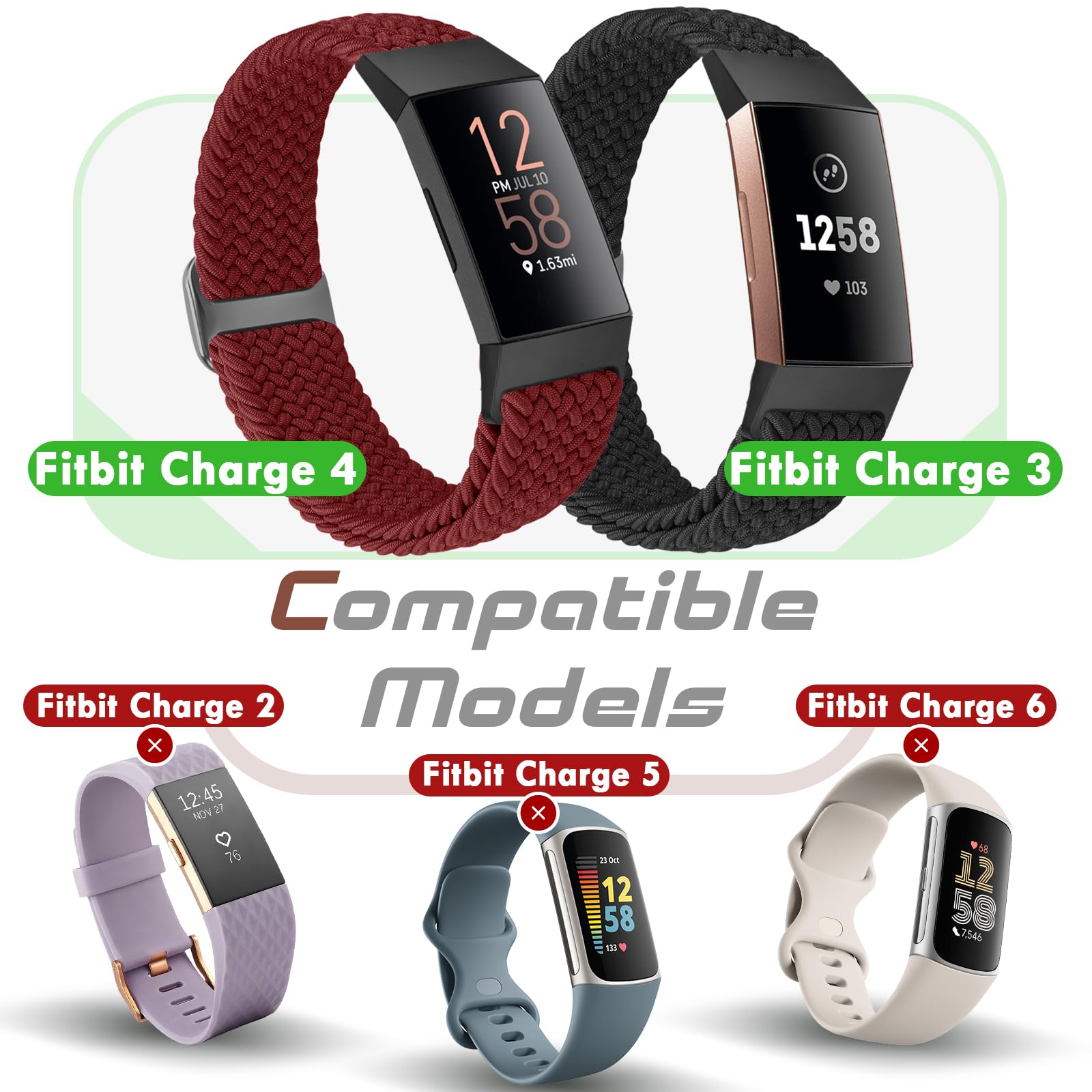 Bcuckood Braided Watch Straps Compatible with Fitbit Charge 4/Charge 3/Charge 3 SE for Women Men Adjustable Stretchy Nylon Solo Loop Woven Replacement Wristbands for Fitbit Charge 4/Charge 3 - Image 2