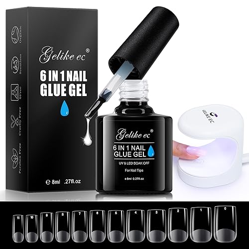 Gelike EC Kit de extensión de uñas de gel con luz UV contiene 7 herramientas de uñas mejoradas, gel de pegamento de uñas 6 en 1 e imprimación,