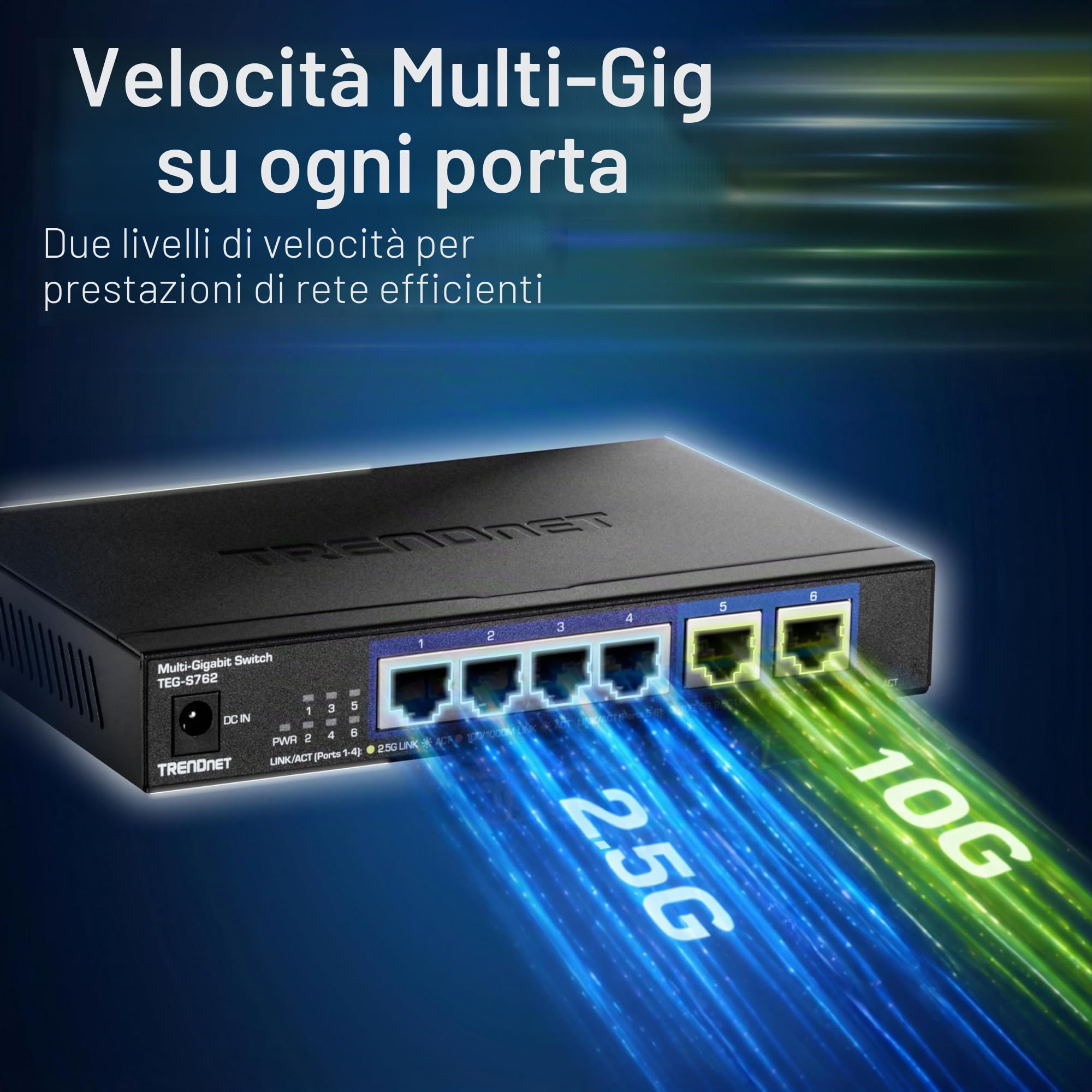 TRENDnet TEG-S762 Switch 6 porte 10G, 4 porte RJ-45 Base-T da 2,5 G, 2 porte RJ-45 10G, capacità di commutazione 60 Gbps, montabile a parete, connessioni di rete 10 Gigabit, nero