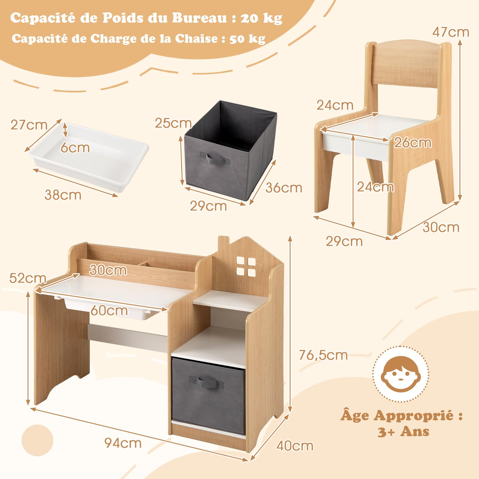 COSTWAY Bureau Enfant Garçon Fille avec Chaise & 2 Compartiments, Table Enfant avec Tiroir & Bac de Rangement en Tissu, Étagères Ouvertes, Table à Dessin pour 3 Ans+, Charge 20/50kg