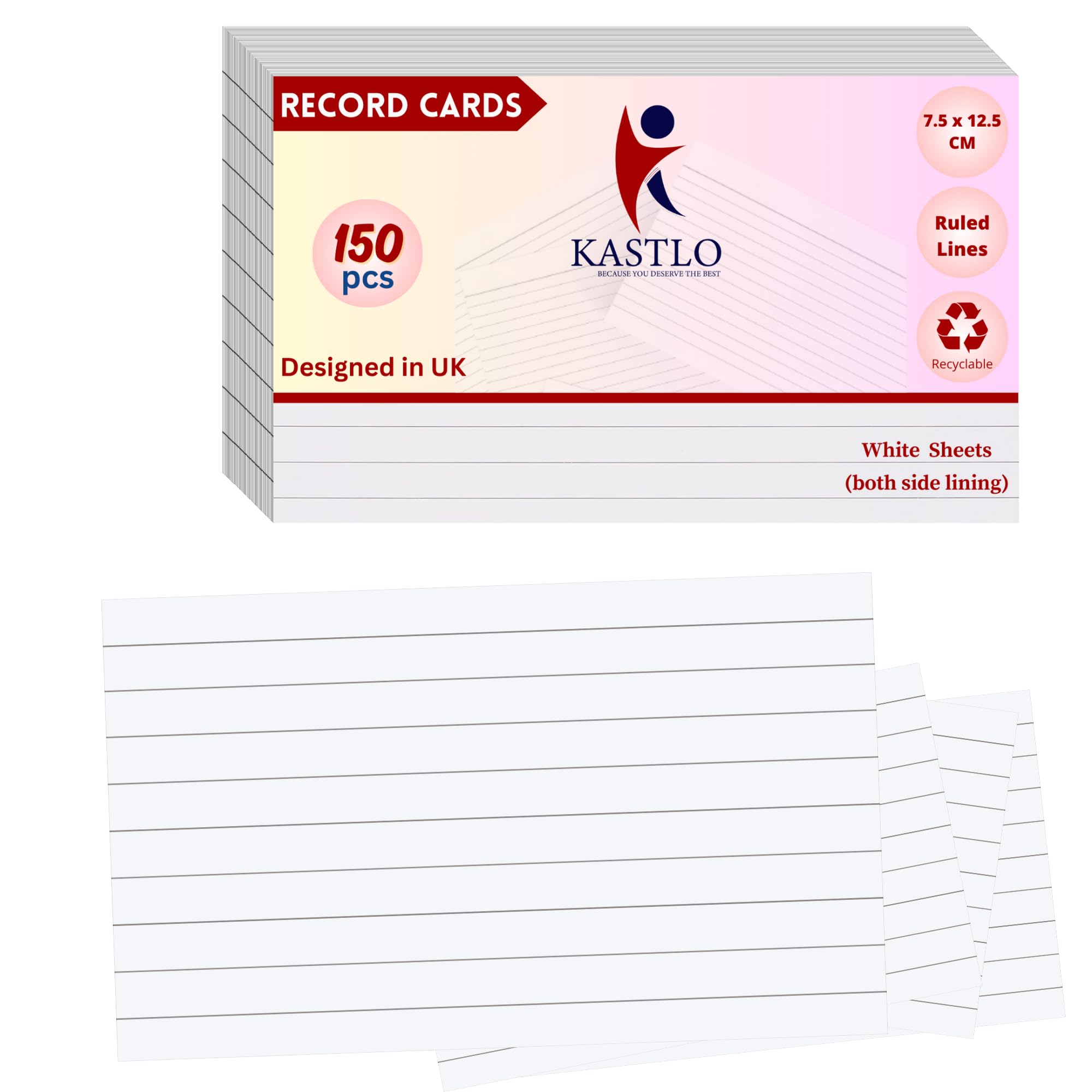 KASTLO White Index Blank Flash Cards for Revision, 150 pcs (7.5x12.5cm), Two-Sided Lined Paper, Study Essentials