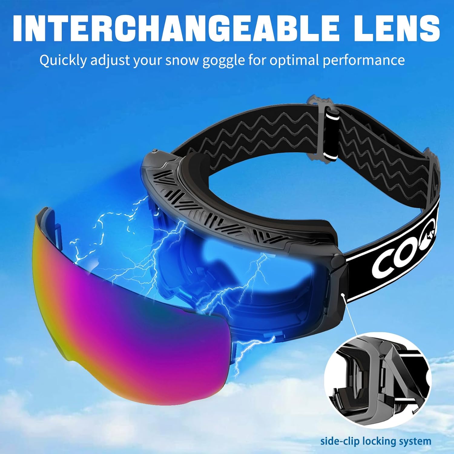 COOLOO Snow/Ski Goggles, Snowboard Goggles for Men Women Youth -OTG, Magnetic Lens Frameless Anti Fog 100% UV Protection - Image 2