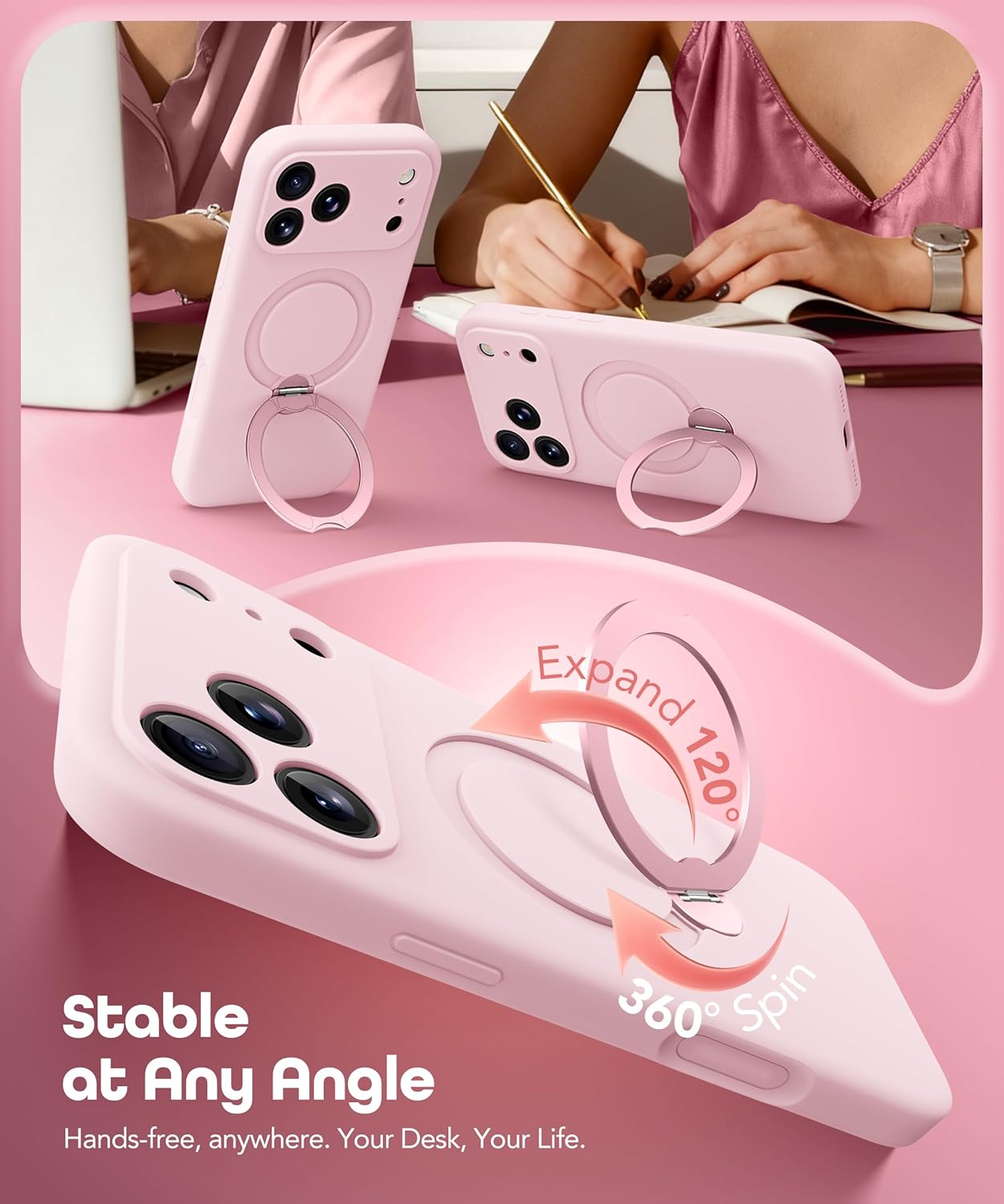 GolbinBox for iPhone 17 Pro Max Case with 360° Spin Magnetic Stand, [Compatible with MagSafe][Full Camera Protection], Shockproof Liquid Silicone Case with Ring Stand for 17 Pro Max 6.9'', Pastel Pink