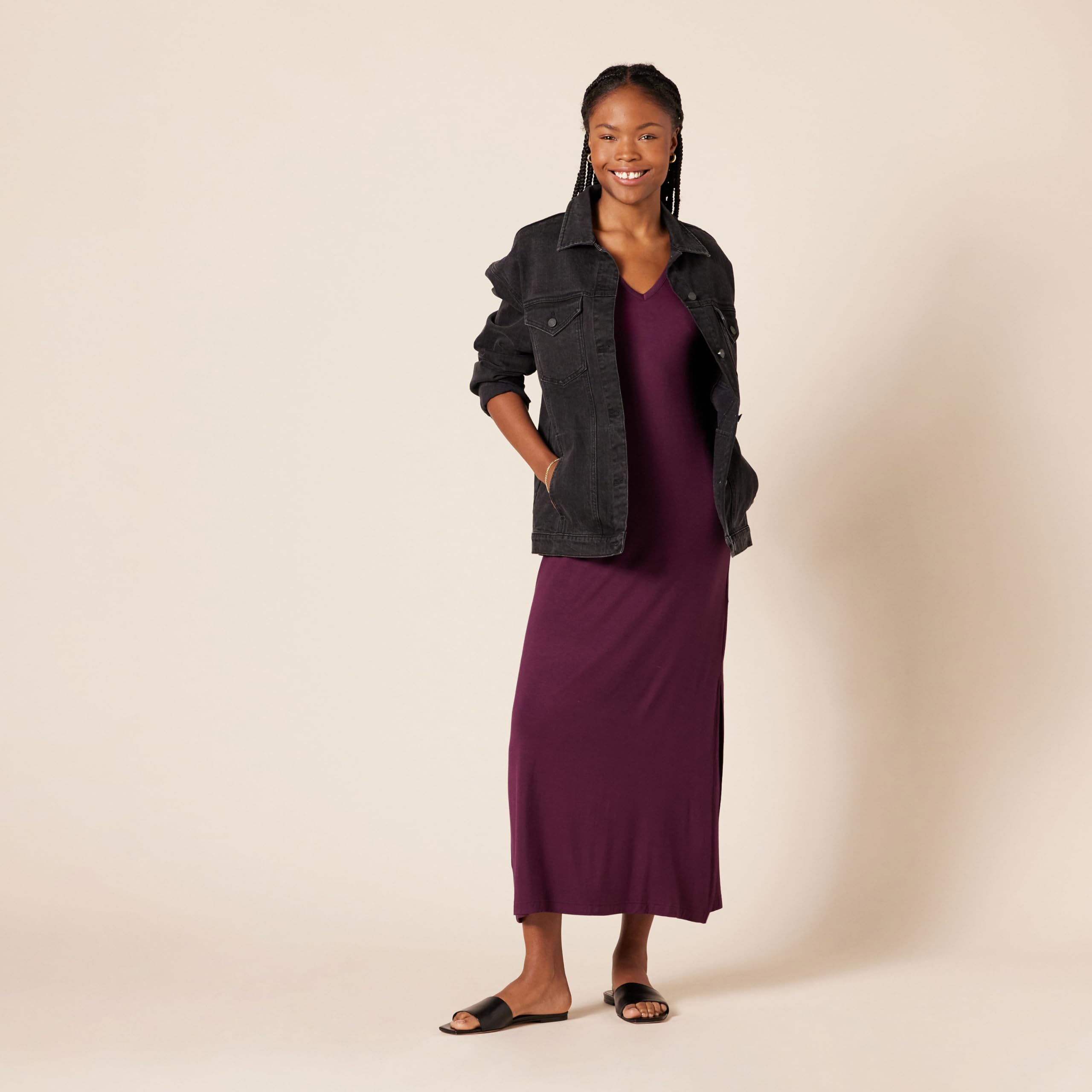 Amazon Essentials Donna Abito Lungo Maxi con Scollo a V in Jersey con Spacco Laterale