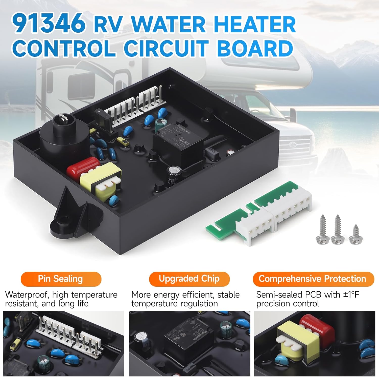 3 in 1 RV Water Heater Replacement Parts Include 91365 Control Circuit Board Parts,91447 Thermal Cut Off & Thermostat Kit,93868 Initer Electrode Compatible with Atwood/Dometic