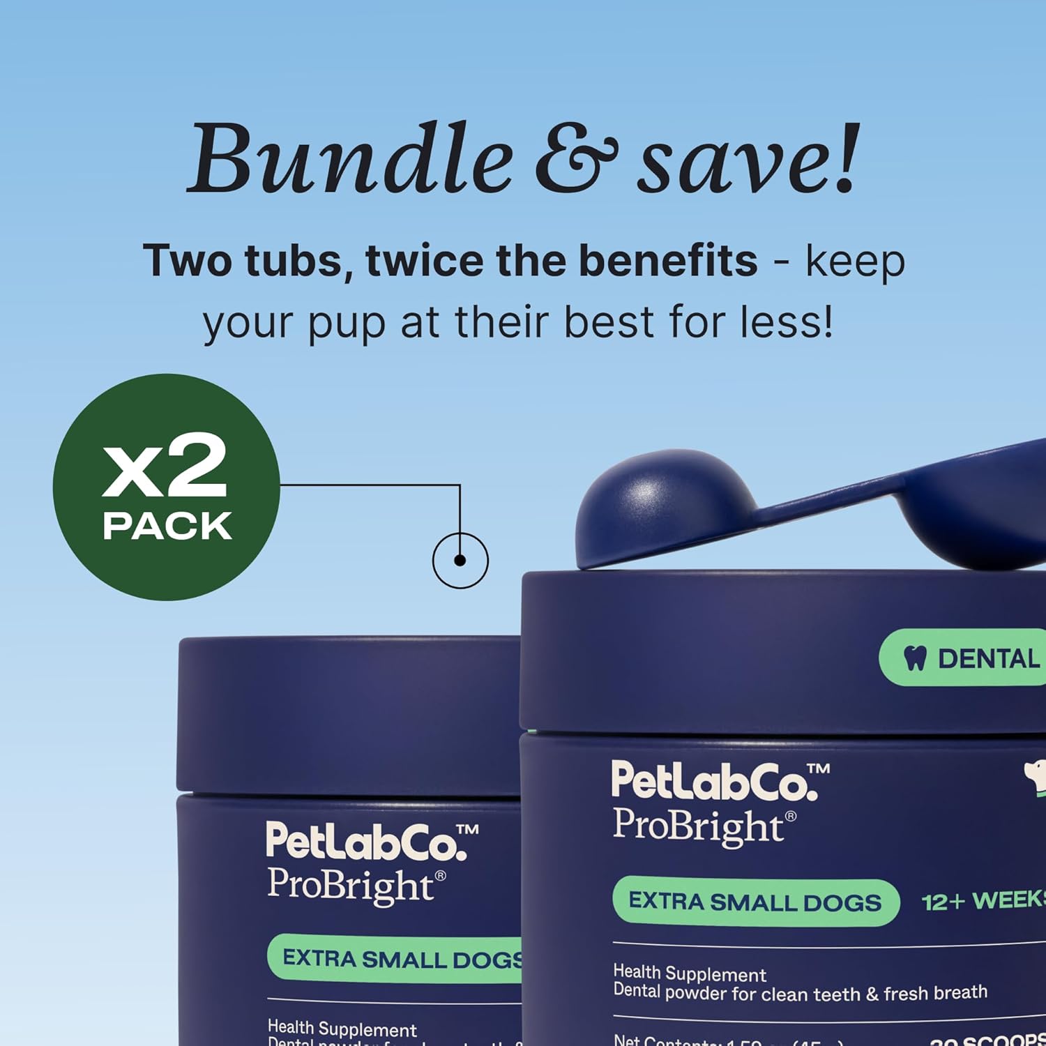 PetLab Co. ProBright Dental Powder - Dog Breath Freshener - Teeth Cleaning Made Easy – Targets Tartar & Bad Breath - Formulated for Extra Small Dogs - Pack of 2