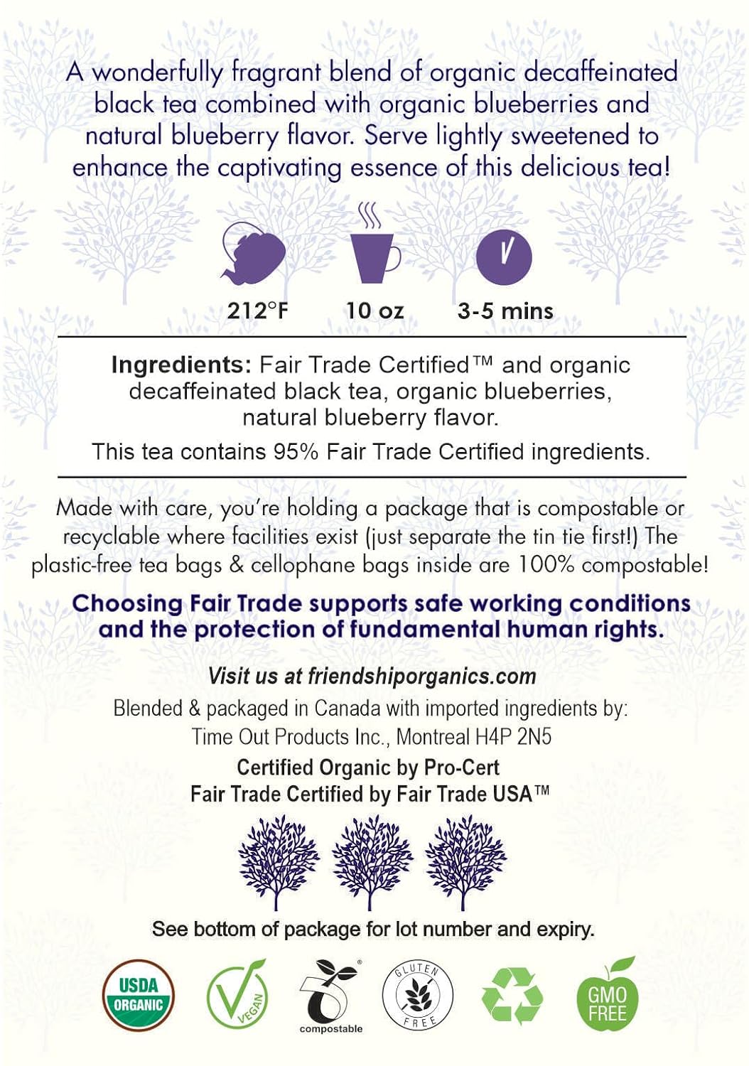 Friendship Organics Blueberry Decaf Tea Bags, Organic and Fair Trade 36 Count (Pack of 2)