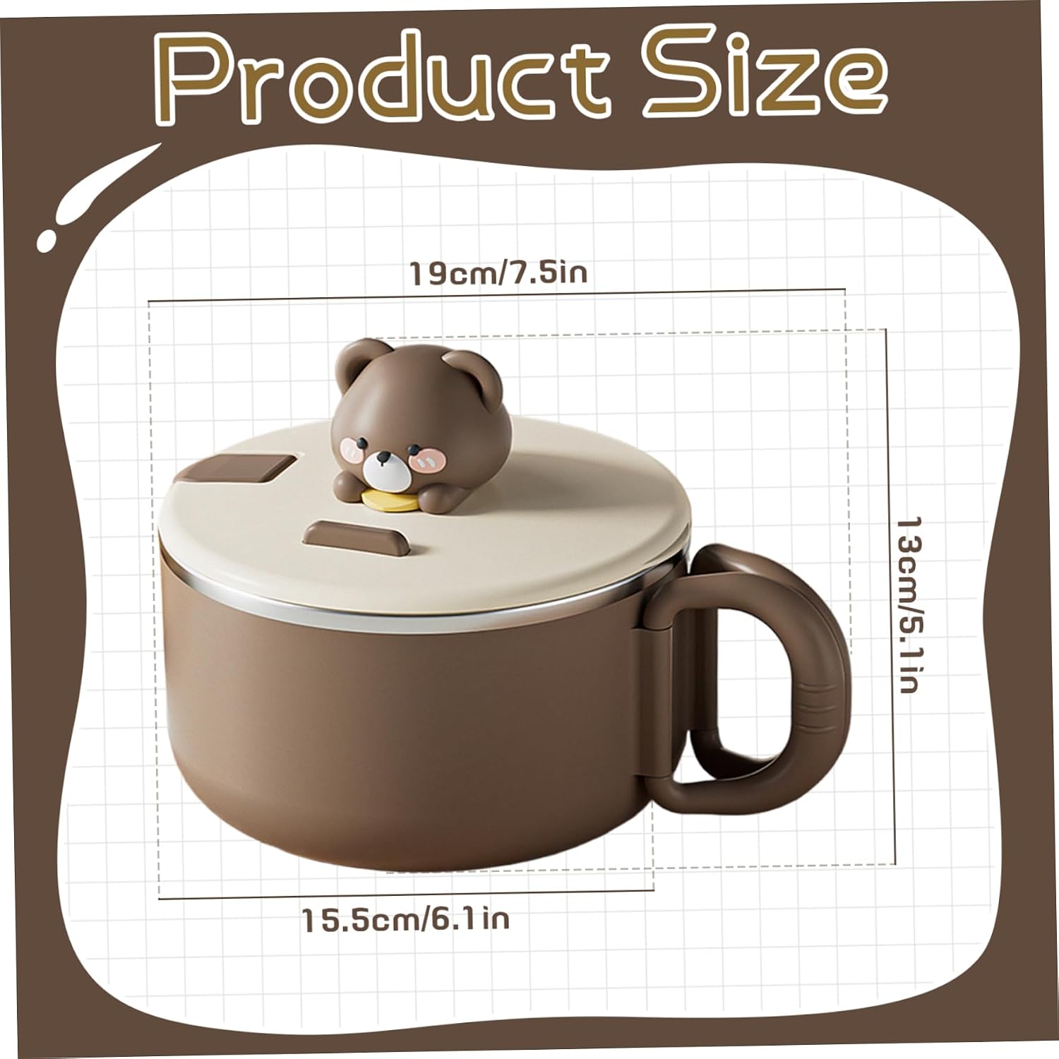 Ramen Bowl with Lid 1200ml Instant Noodle Bowl with Handles Portable Cute Ramen Cooker for Soup, Noodles, Dumplings, Salads, Brown image 3