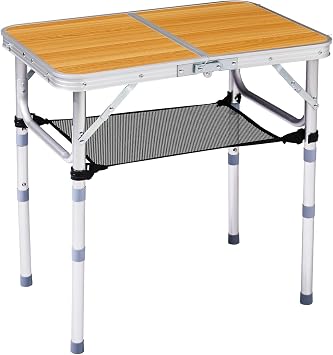 Outdoor Folding Camping Table, Folding Table Small Lightweight Portable Aluminum Mini Foldable Table with Adjustable Height Legs for Picnic Cooking Beach, 2ft/3ft and 3 Heights Wooden, 2ft