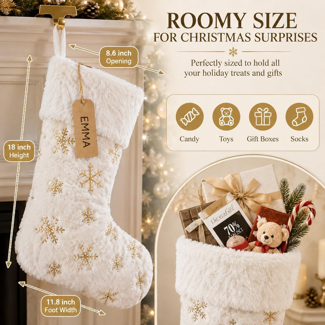 AOGU 3 Pack 22 Inch Faux Fur Sequin Snowflake Christmas Stockings Snowy White Christmas Stockings Hanging Ornaments Candy Gift Bags for Christmas Decorations, Gold
