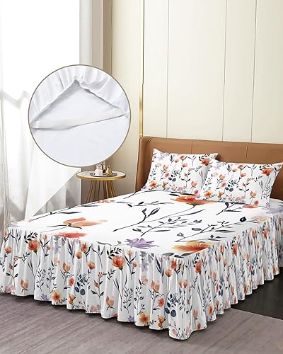 Miniatura 4 de Faldas de cama con diseño de flores botánicas para cama Queen de 18 pulgadas de caída, falda de cama envolvente con volantes, colcha plisada con