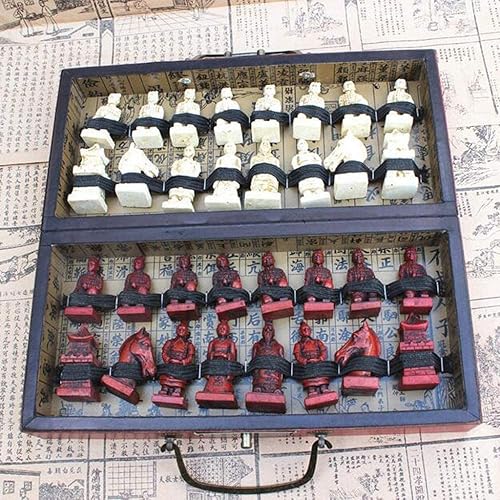 Miniatura 5 de OLOTU Juego de ajedrez portátil de madera plegable de ajedrez chino retro terracota guerreros ajedrez madera hacer viejo tallado resina ajedrez