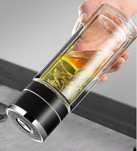 Botella infusora de té, taza de té de vidrio borosilicato de doble pared con filtro de acero inoxidable, vaso de té con difusor de té, taza de té