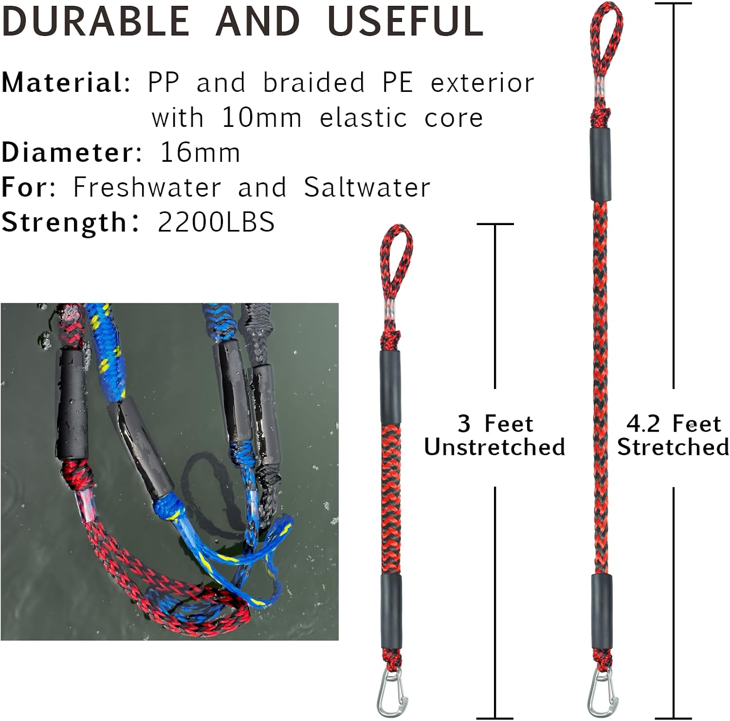 3 Feet Bungee Dock Line Boat Accessories 2pcs Fender Lines with 316 Stainless Clip for Boat Fender for Mooring for Jet Ski, Seadoo, Yamaha (Red+Black, 3 Feet)