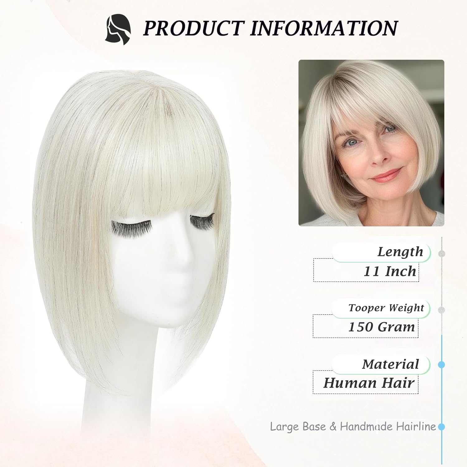 Human Hair Toppers For Women Platinum Blonde Color Toppers For Women With Thinning Hair 11 Inches HairPieces For Solve Slightly Hair Loosing